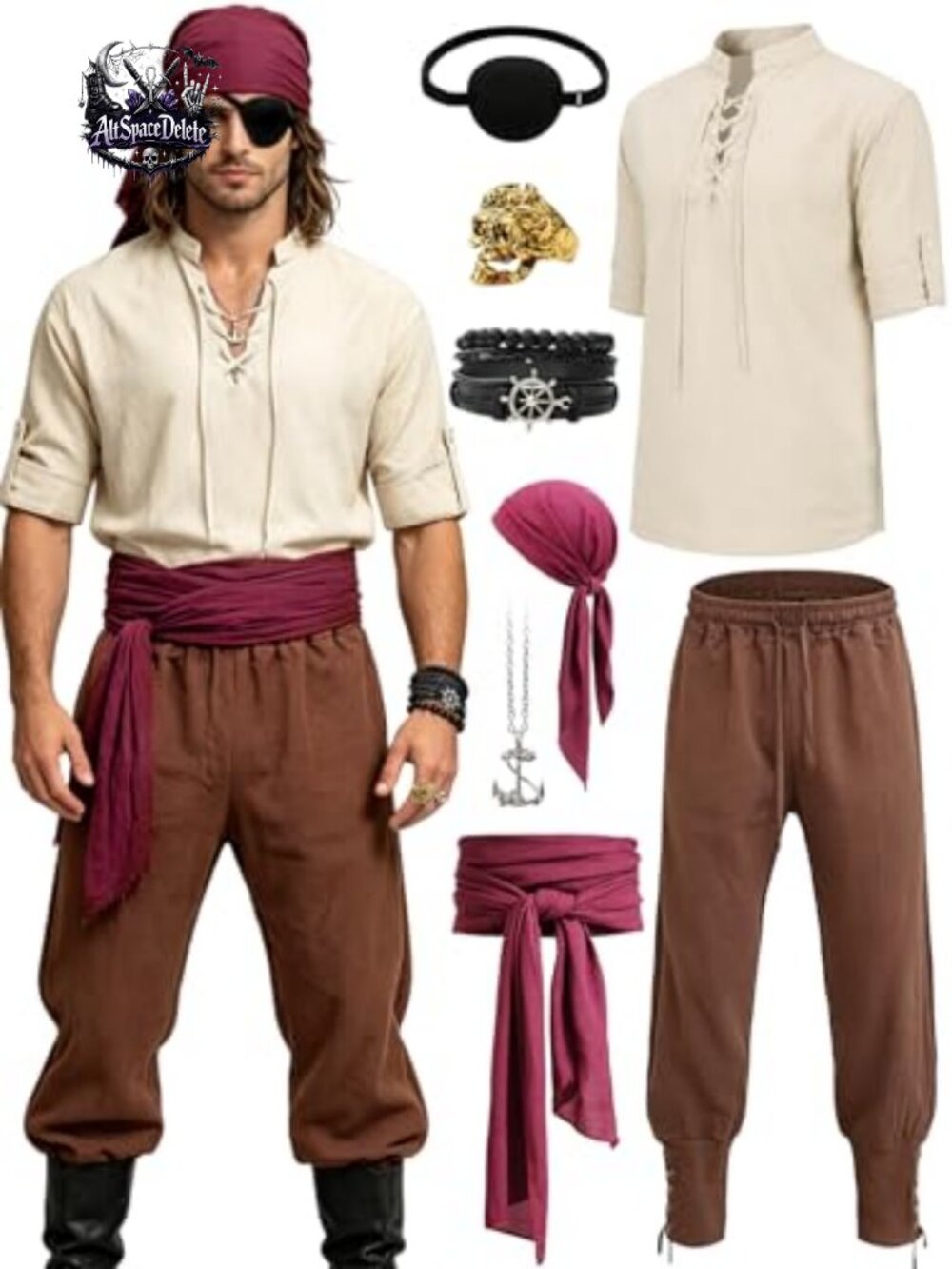 Men's 8-Piece Pirate Costume Renaissance Outfit Lace-Up Shirt Pants Sash